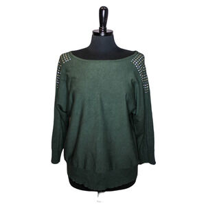 Cable & Gauge Sweater Green Gold Silver Stud Shoulder Detail Pullover Size XL